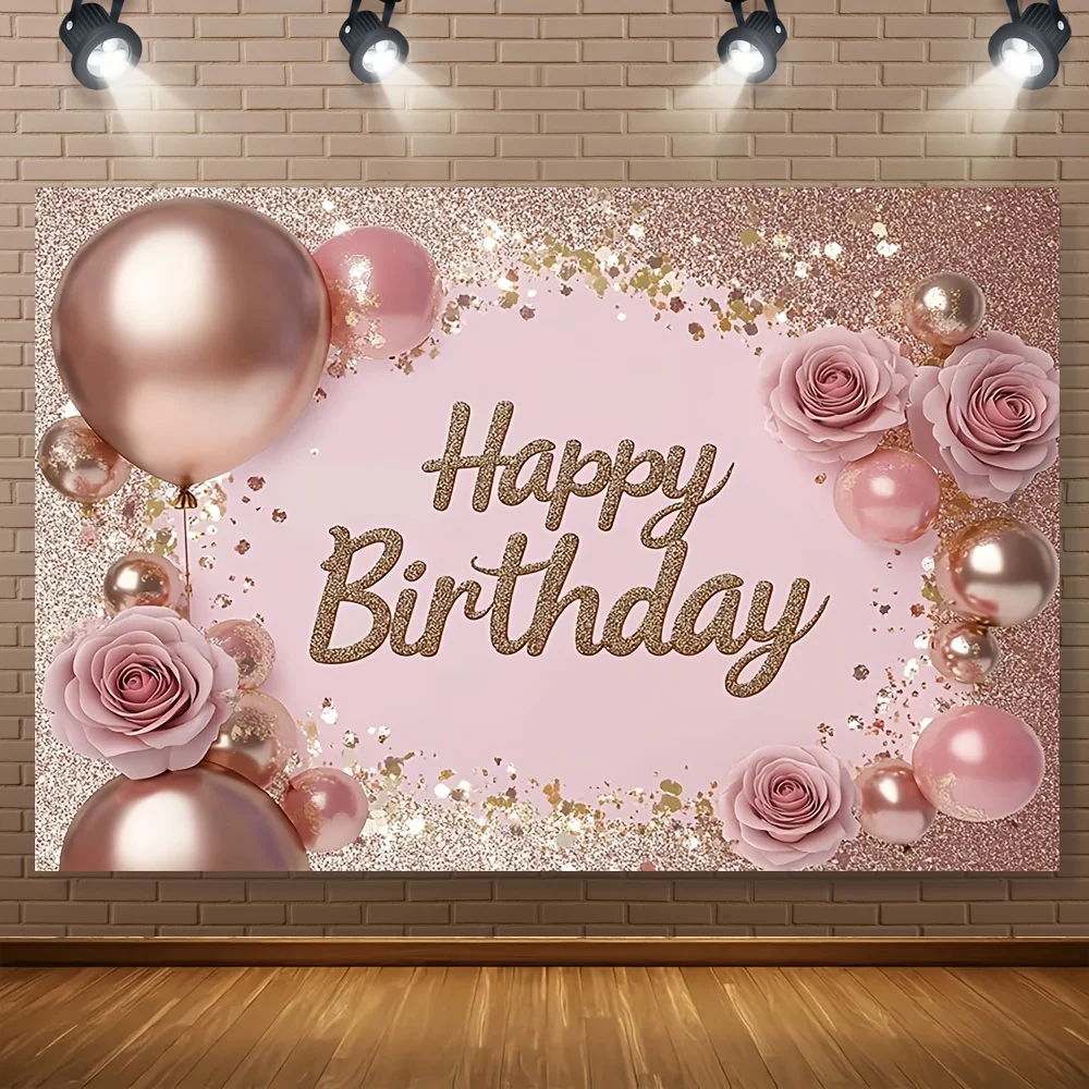 1 Roségold-Hintergrund „Happy Birthday“, Diamant-Glitzer-Polyesterfaser, gewebte modische Party-Dekoration