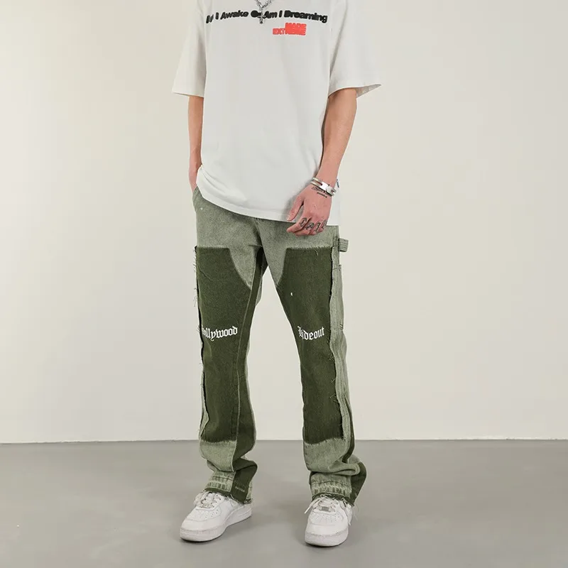 American High Street Heavy Industry Washed Jeans Retro Lumberjack Splicing Flared Pants Tide Baggy-Jeans für Herren