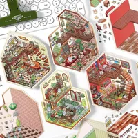 Cute Cartoon Animal Pocket Cabin Miniature Scene DIY Landscape Sticker Scene Pasting and Stacking Gift for Kid Child Student