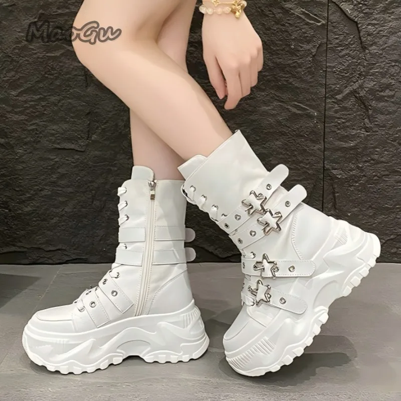 

Fashion Thick Sole Platform Motorcycle Boots Women's Buckle Straps Black Short Boots for Woman Autumn Spring Botas Mujer Size 35
