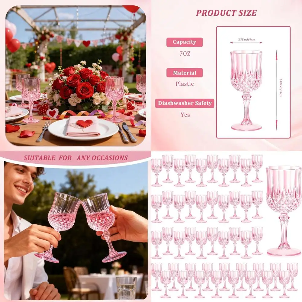 

7 oz Pink Plastic Wine Glasses - Unbreakable Champagne Lutes for Valentine's Day, Weddings, and Parties