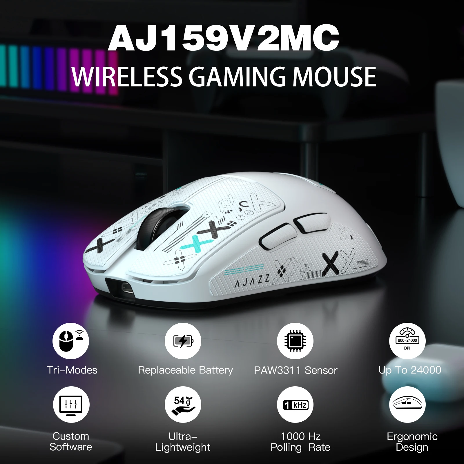 AJ159V2MC Wireless Gaming Mouse,Ultra-Light 54g,24,000 DPI PAW3311 Sensor,Tri-Mode，300mAh Batteries,1KHz Polling Rate