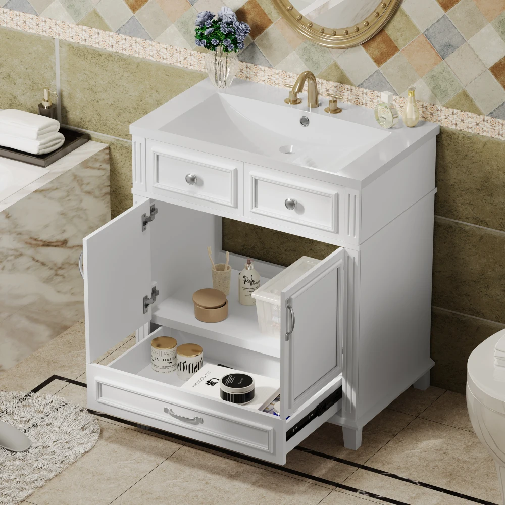 30'' Bathroom Vanity with Resin Sink, Solid Wood Frame Bathroom Storage Cabinet with Soft Closing Doors, Retro Style, White