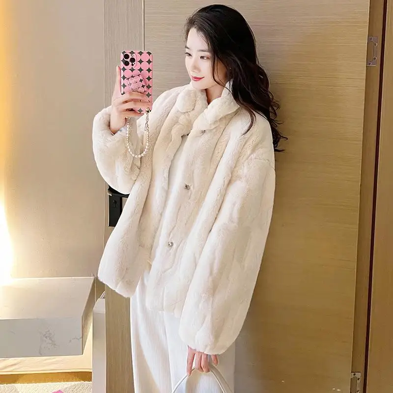 2023 Autumn Winter New Mink Fleece Fur Coat Women\'s Imitation Otter Rabbit Fur Eco Fur Ball Stand Collar Plush Coat Short