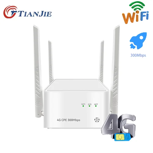 TIANJIAN 와이파이 라우터 Sim 카드 무선 모뎀, 야외 LTE 와이파이 5dBi 4 외부 안테나 네트워킹, WAN/LAN 핫스팟, 300Mbps, 4G 