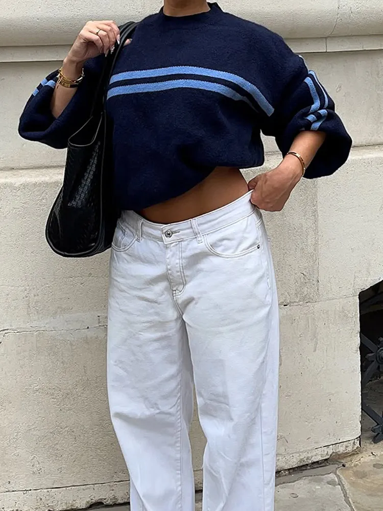 Navy Blue Striped Crop Top Women's Sweater Knit Pullover Retro Pattern Loose Pullover 2025 Autumn Holiday Street Fashion Wear