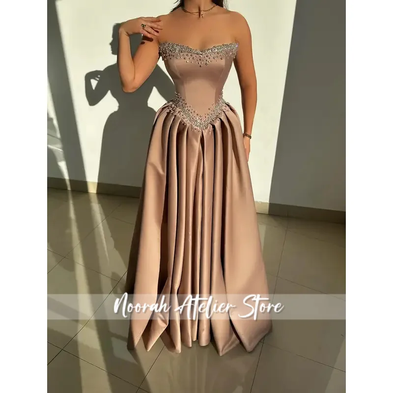 

New Customized Strapless Evening Dresses Crystal Beaded V-Neck Pleat Waist A-line Prom Dress Floor-Length Formal Vestidos