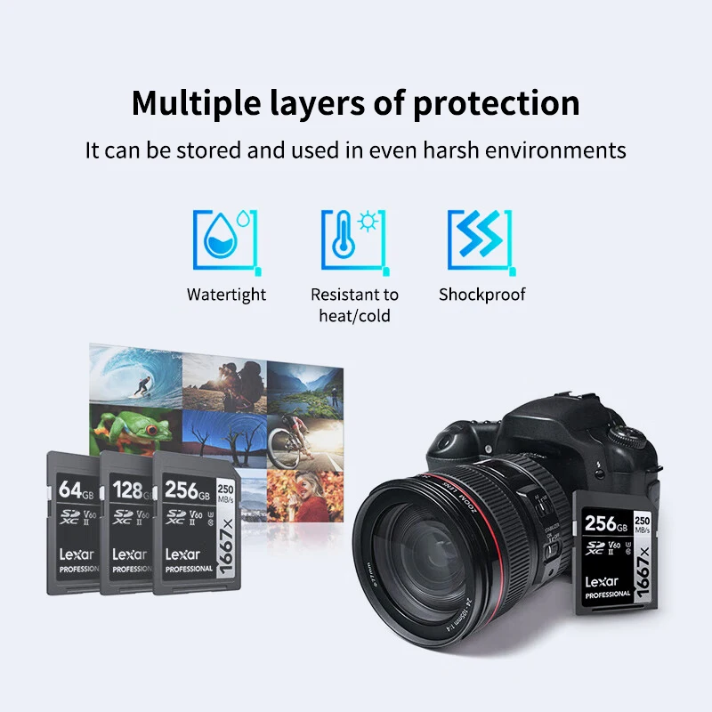 Lexar Professional 1667x 64GB 128GB 256GB SDXC UHS-II V60 Class 10 Heavy Duty Karta Pamięci do 250MB/s 4K do Aparatów DSLR — zdjęcie produktu 6