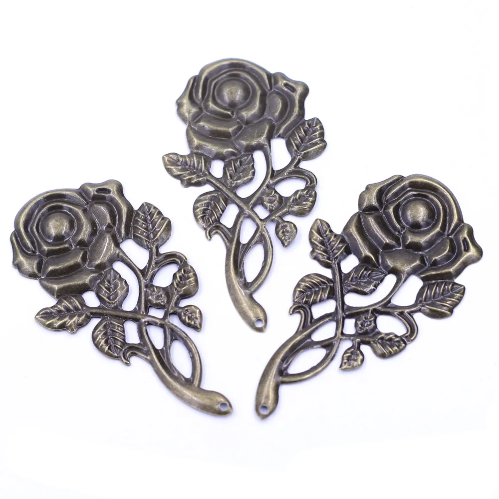 10Pcs Embellishments Rose Flower Pattern Filigree Wraps Alloy Vintage Bronze Tone Pendants Jewelry DIY Finding 77mm