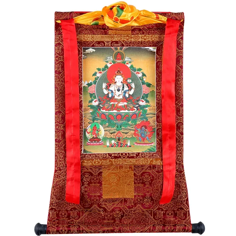 Handmade Four-Armed Guanyin Thangka Portrait Living Room Entrance Auspicious Mural Tibetan Tantra Buddha Painting