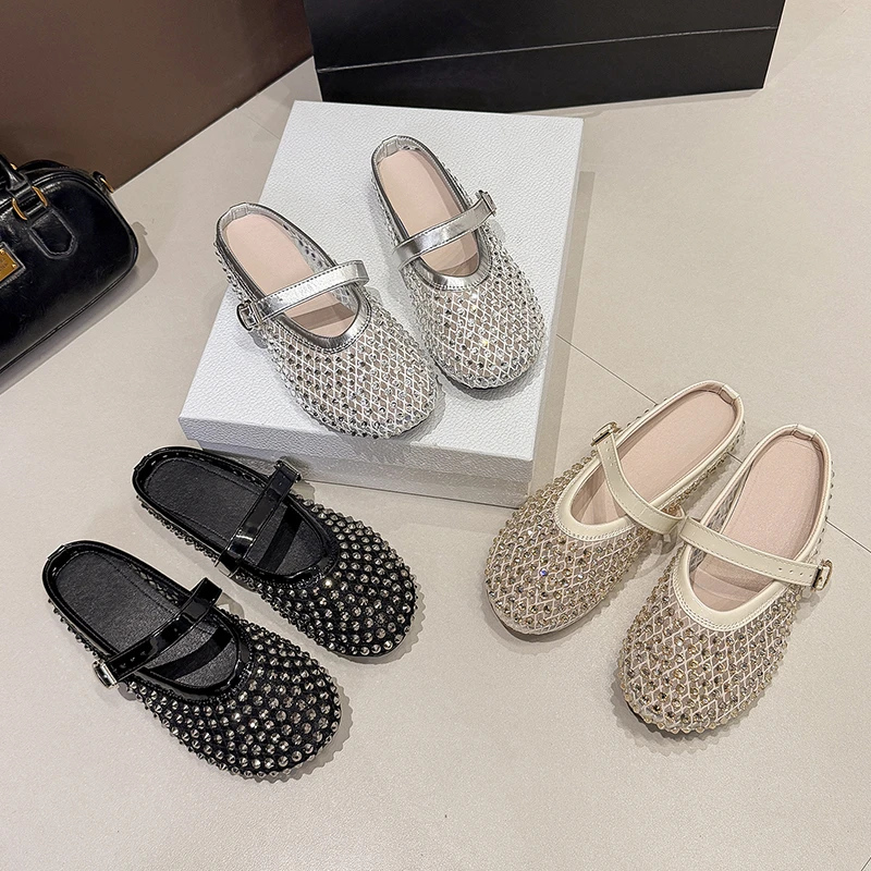 

Sheepskin version fishnet rhinestone Mary Jane flat slippers 2026 new mesh style flat shoes to match skirts French style