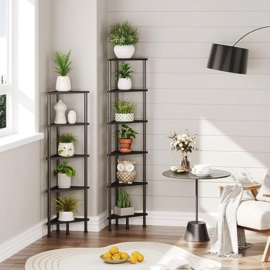 Corner Shelf Stand, Industrial 6-Tier Corner Bookshelf with Metal Frame, Bookcase, Plant Display Stand for Small Spaces, Living