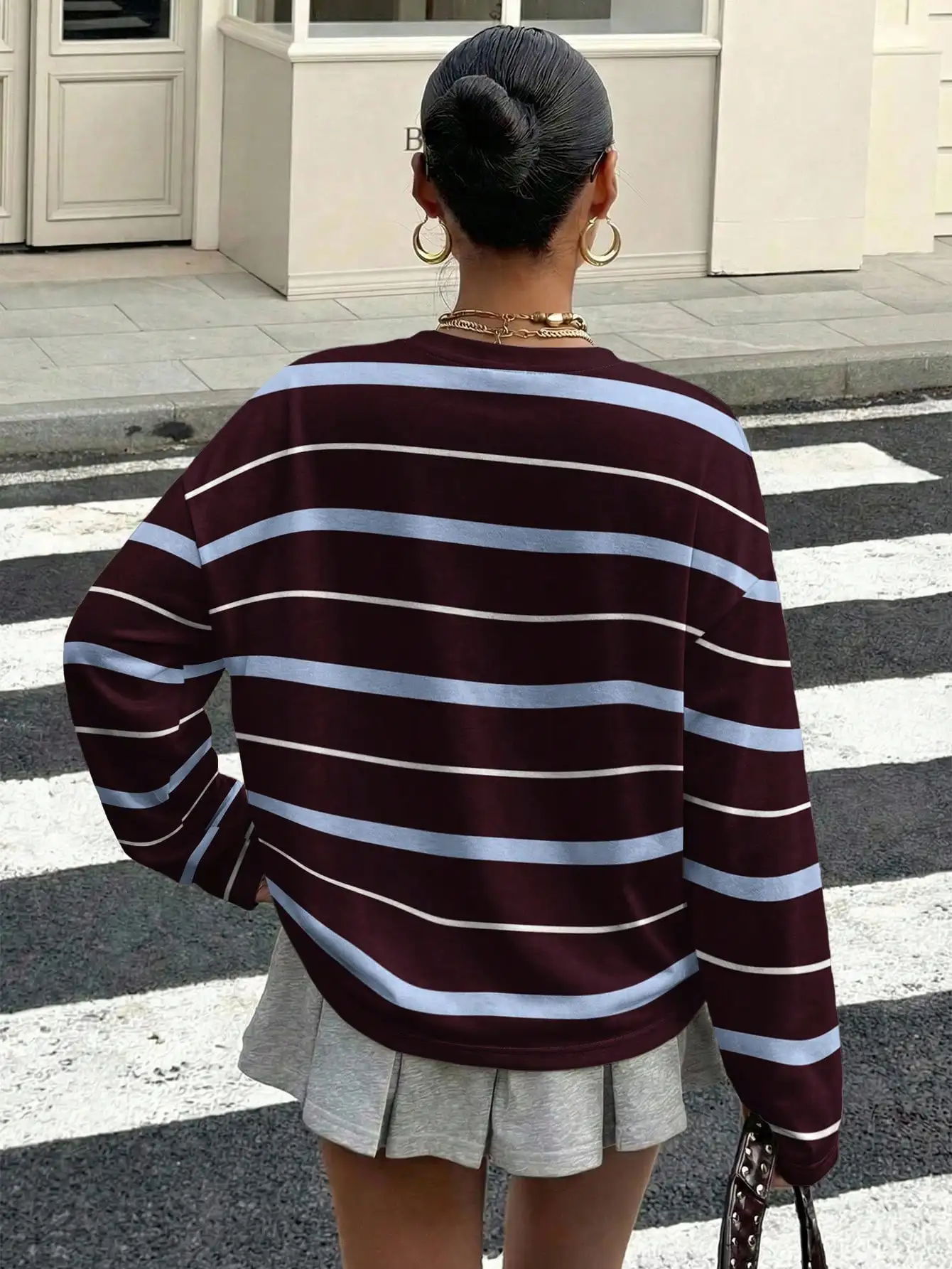 2026 Damen Langarm-T-Shirt in Burgunderrot und Hellblau mit Horizontalen Streifen, Rundhals, Oversize, Locker, Lässig, Retro, Herbst-Basic-Top – Detail 5
