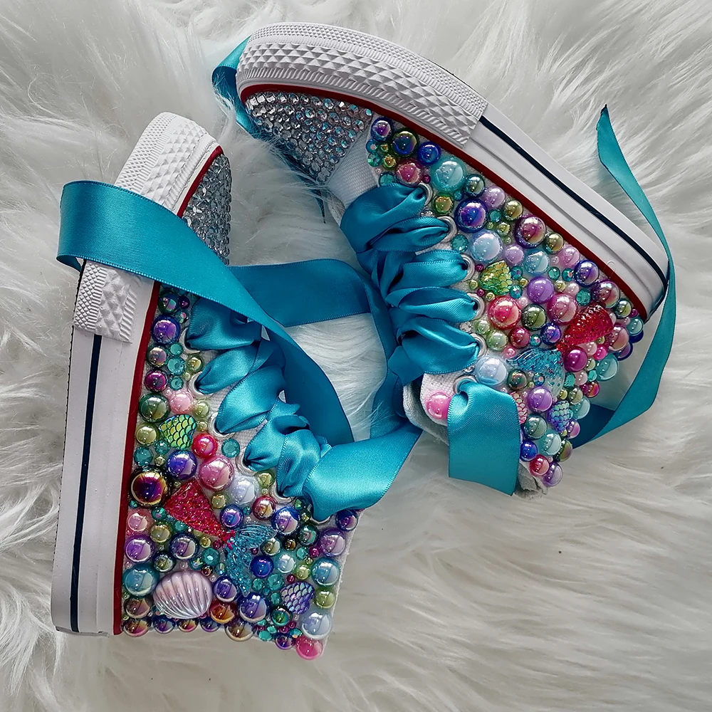 Zapatos de lona con diamantes de imitación hechos a mano para niñas y mujeres, zapatillas de perlas brillantes, fiesta de cumpleaños, boda