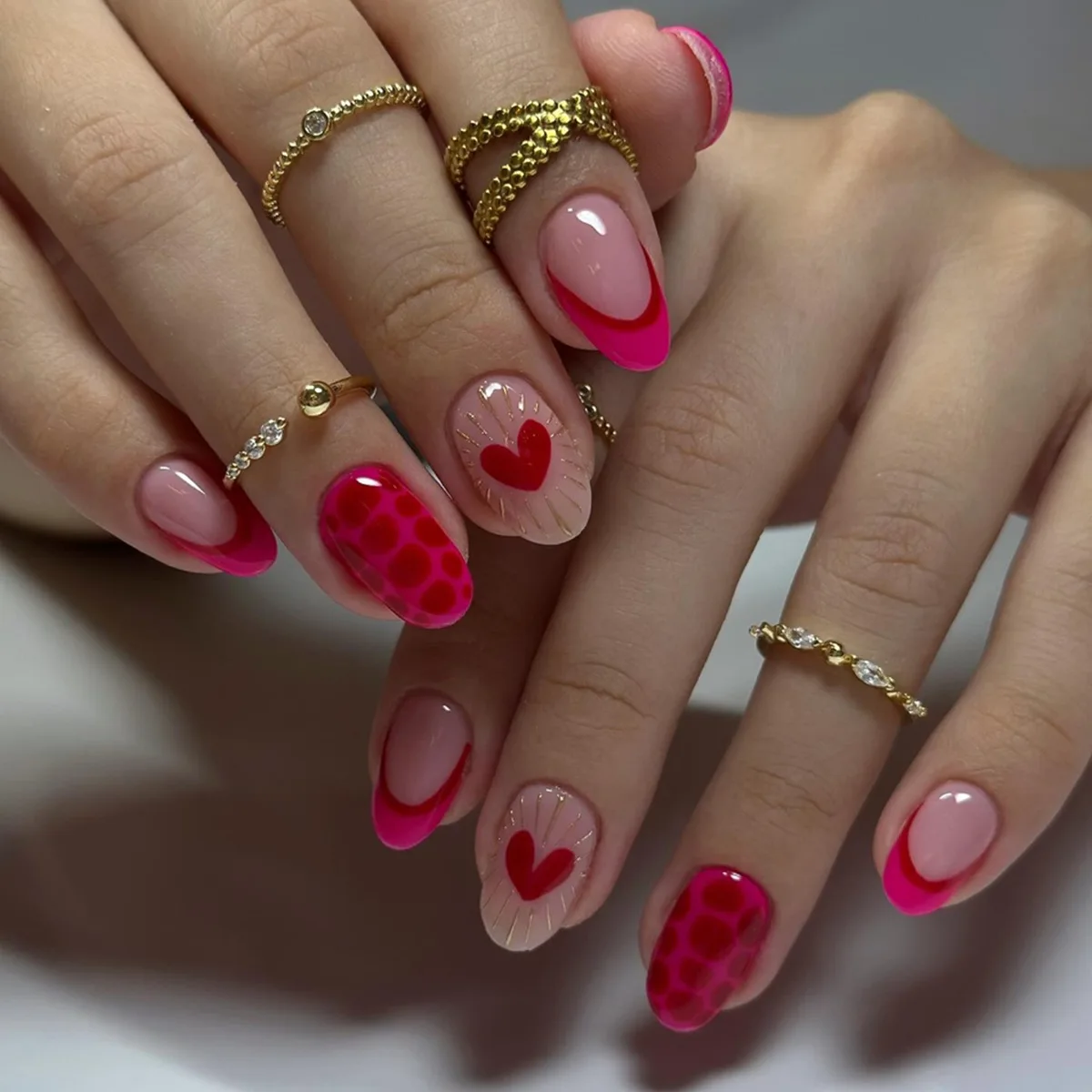

24PCS Magenta Leopard Print French Almond Press on Nails with Glue Sweet Pink Heart Short Oval Fake Nails for Hot Girls Ins Nail