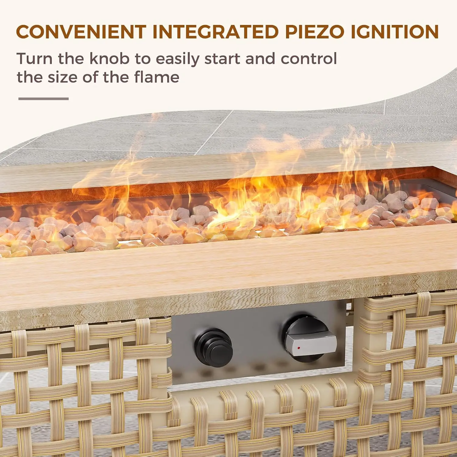 9-Piece Patio Furniture Set with 47" Propane Fire Pit Table, Storage Box & Water Resistant Cushions, Cream, Customized