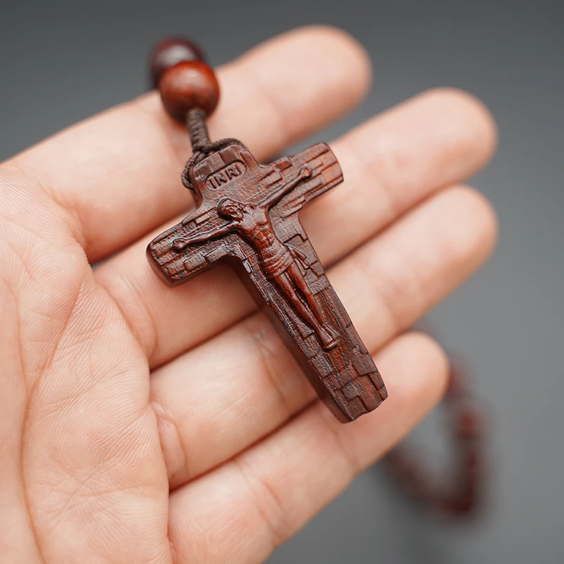 Rosewood Ebony Rope Chain Beaded Bracelet Wooden Rosary Handmade Our Lady Jesus Wood Necklaces for Women Men Religious Jewelry