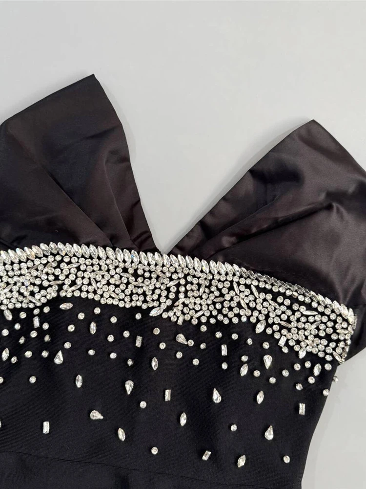 Sexy weg von der Schulter Diamanten Verbandkleid Frauen schwarz ärmellos glänzende Kristall figurbetont lange Kleider Abend Party Kleider