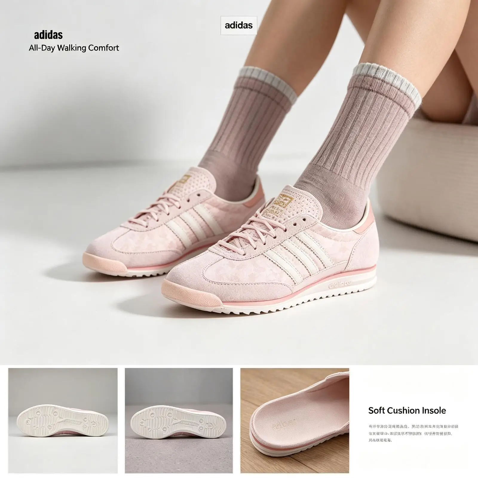 Hot Adidas Originals Retro SL72 Low Top Sneakers Light Pink Floral Embossed Suede 3 Stripes Trefoil Vintage Casual Trainers IH18