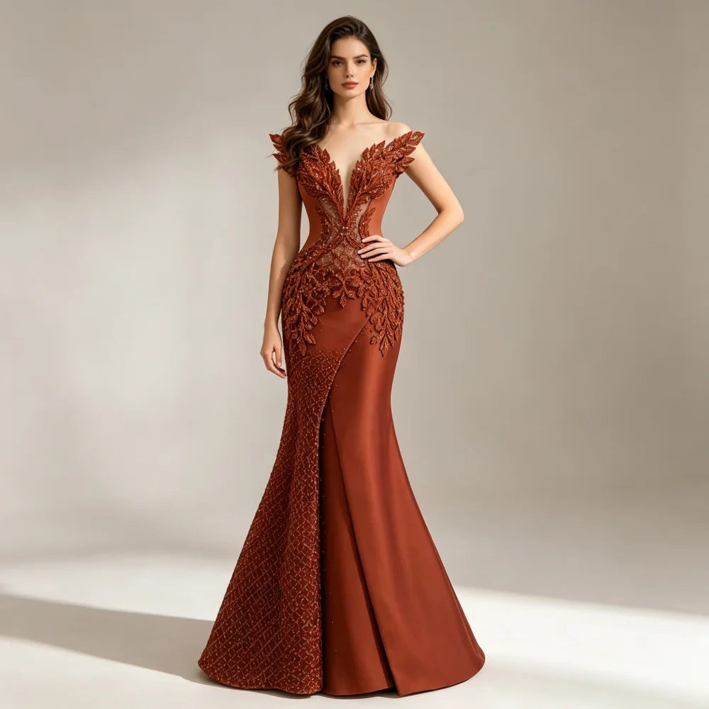 Customized Terracotta Off Shoulder Deep V Mother Of Bride Dresses Leaf Lace Appliques Mermaid Train Formal Wedding Guest Gown