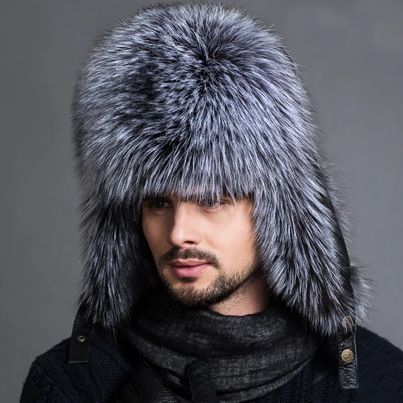 Winter Men\'s 100% Real Silver Fox Fur Aviator Bomber Hat Raccoon Fur Ushanka Cap Trapper Russian Man Ski Hats Caps Real Leather