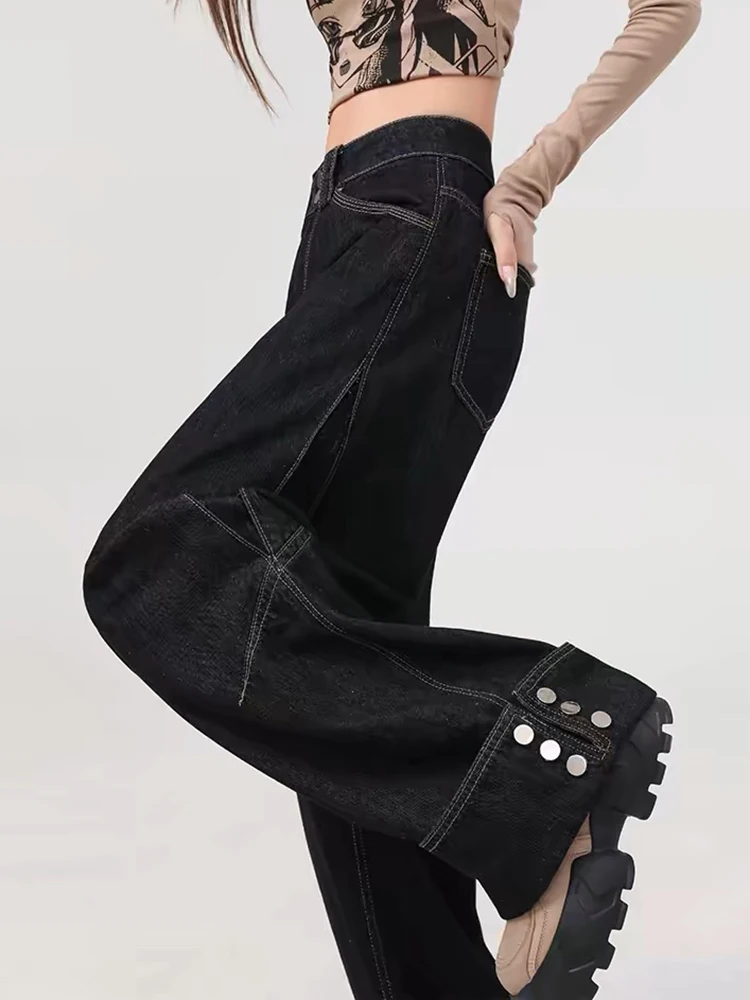 Couple Baggy Jeans Women High Waist Wide Leg Denim Pants Y2K Streetwear Black Rolled Hem Trousers 2024 New Cargo Pants Jeans