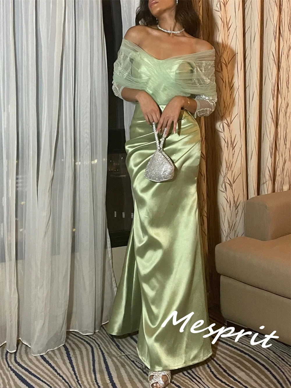 Customized Exquisite Off-the-shoulder Mermaid Floor Length Evening Dress Paillette / Sequins Tulle S Formal Occasion Gown Abiti 