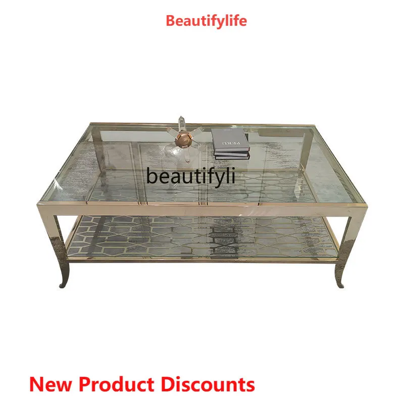 

Luxury Coffee Table Small Apartment Living Room Modern Simple Rectangular Coffee Table Stainless Steel Tempered Glass Surface
