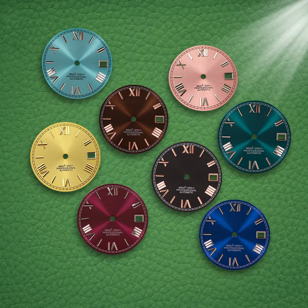 

Циферблат S Logo 28,5 мм с римскими цифрами и солнечным узором, подходит для механизмов NH35/NH36, без люминесцентного покрытия, аксессуары для модификации часов.