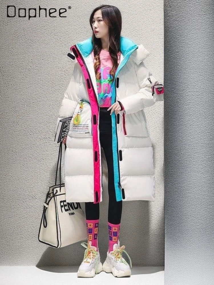 Jackets for Women Tide Color Block Down Jacket Mid Length Thickened Winter Loose Hooded White Duck Down Jacket Street Fashion