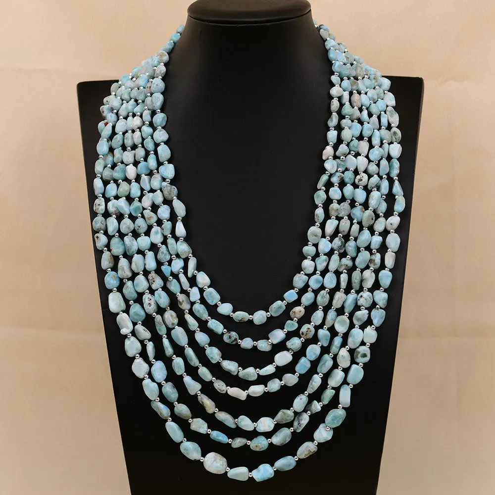 

G-G 7 Rows Natural Blue Larimar Freeform Nugget Gems Stone Necklace Multi Strands