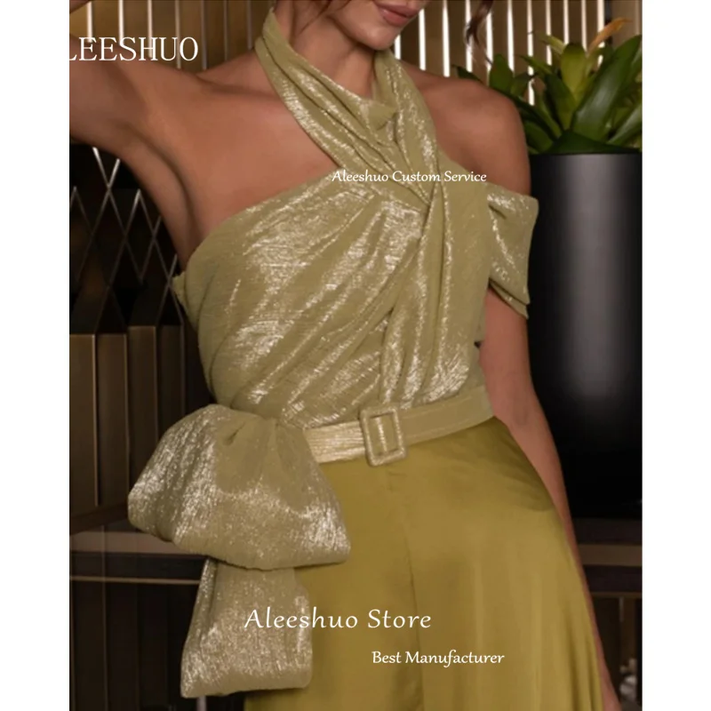 Aleeshuo-vestido de cetim noite, sexy, cabresto, com cinto de lantejoulas, sem mangas, fenda lateral, para o baile, festa, baile de formatura