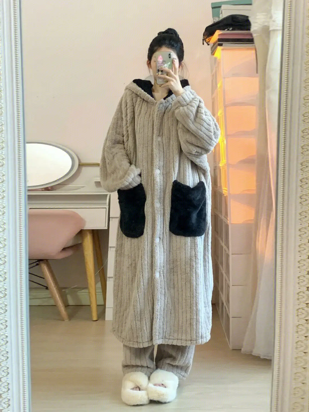 Cute Pocket Robe with Pants Women Sleepwear Winter Nightdress Night Wears Warm Fleece Pajama Nightgown Hooded Sleeping Homewear