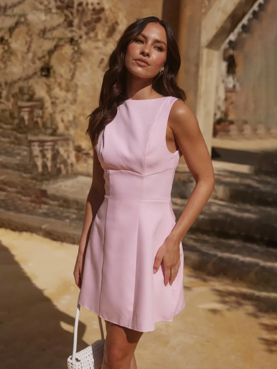 Bornladies 夏新作ノースリーブブレザードレスレディースシックで洗練されたオープンバックフィットキャミインナーショーツミニドレス