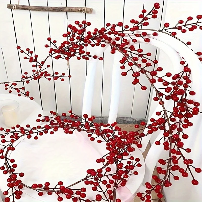 69 Inch Cranberry Vine Plastic Red Holly Hanging Decoration, Home, Wedding, - Multifunctional Artificial Berry Wreath, Suitable