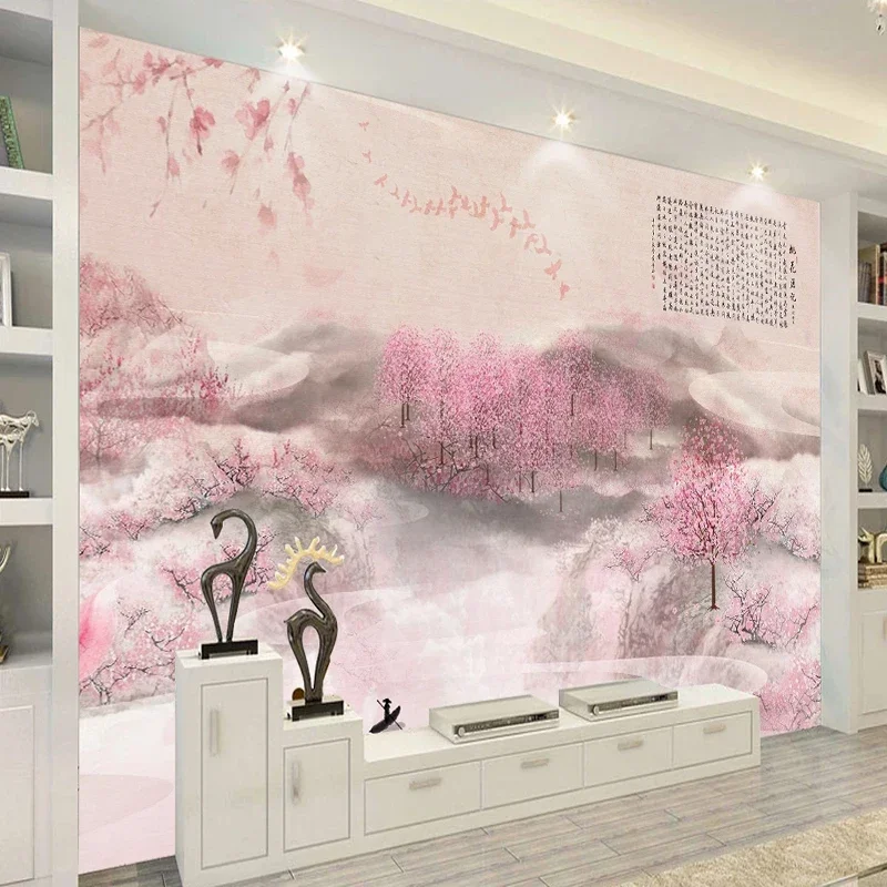 Custom  Large Murals Wallpaper Chinese Hand-painted Peach Blossom Wall Cloth Bedroom Waterproof Eco-Friendly Papel De Parede 3 D