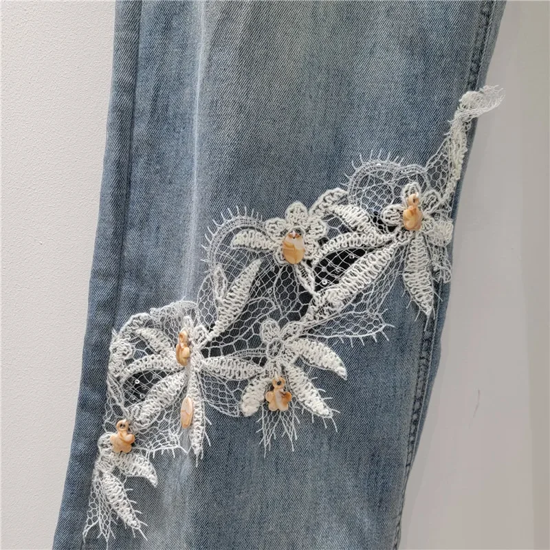 Women's Jeans Flowers Pendant Patchwork Lace Hollow Out High Waist Straight Denim Pants 2025 New Fashion Summer Female Trousers