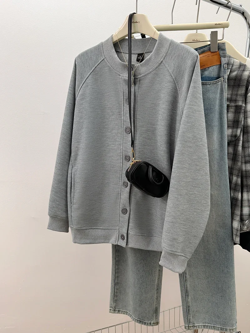 Y2K Women Composite Milk Silk Hoodie Spring Autumn New Cardigan Jacket Round Neck Top