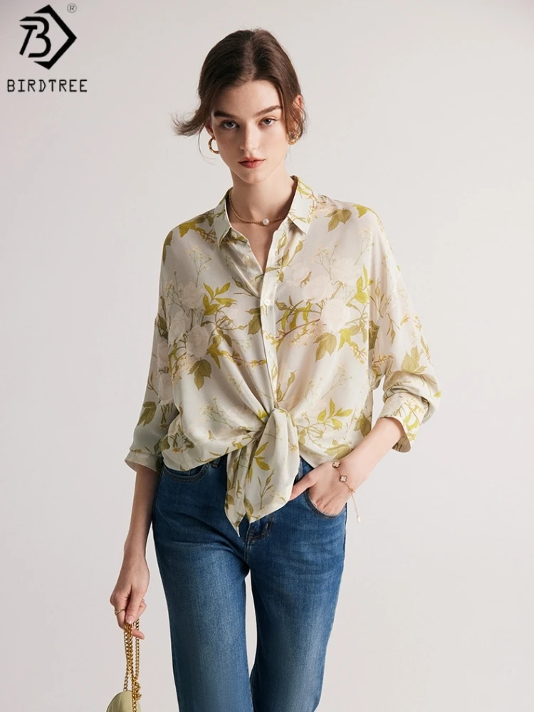 

Birdtree, 100%Real Silk Floral Printed Blouse, Women's Double Crepe Lapel Shirt, Full Sleeve Translucent Tops, 2026 New