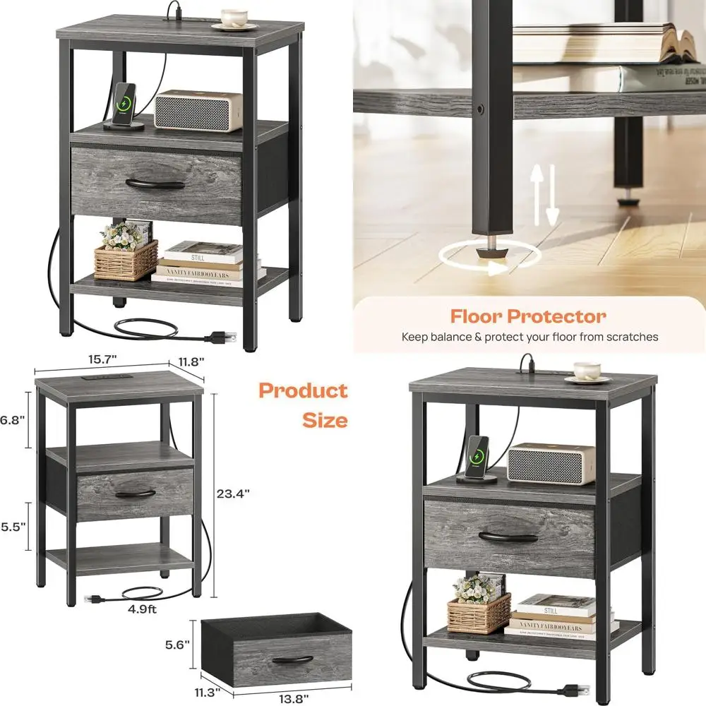

Grey 3-Tier Adjustable Drawer Nightstand with Charging Station for Bedroom and Living Room