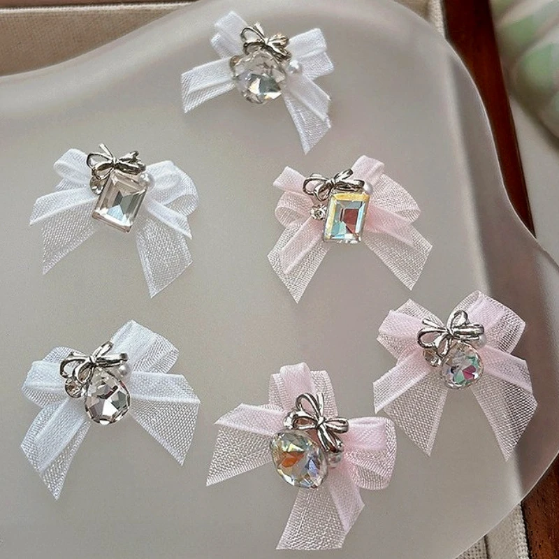 

Dressy French Elegant White Pink Organza Bowknot Crystal Bow Tie Mesh Ribbon DIY Nail Art Decorations Charm Manicure Accessories