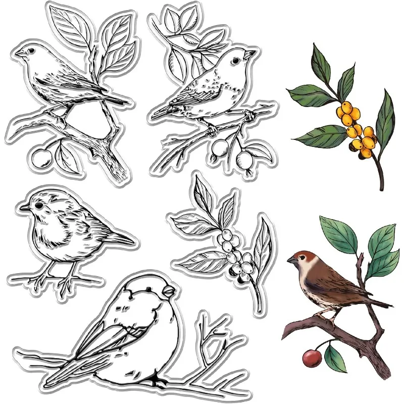 1Sheet Birds on Branches Clear Stamps Berry Retro Transparent Silicone Stamp Seals for Handmade Photo Album Journaling Card