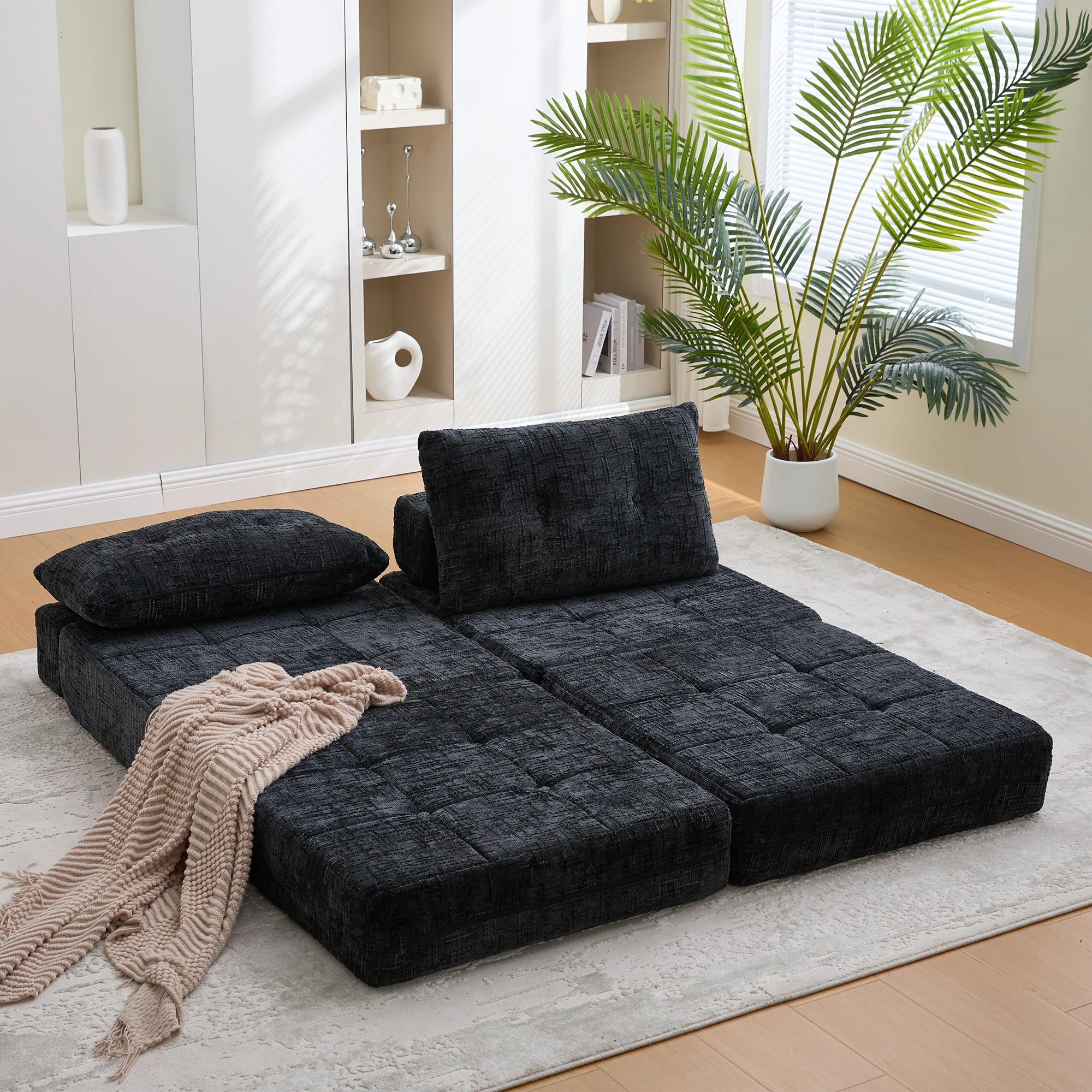 Lit de jour pliant, avec dossier et oreillers de tête/lombaires, structure en mousse, pour salon/chambre, chenille – noir
