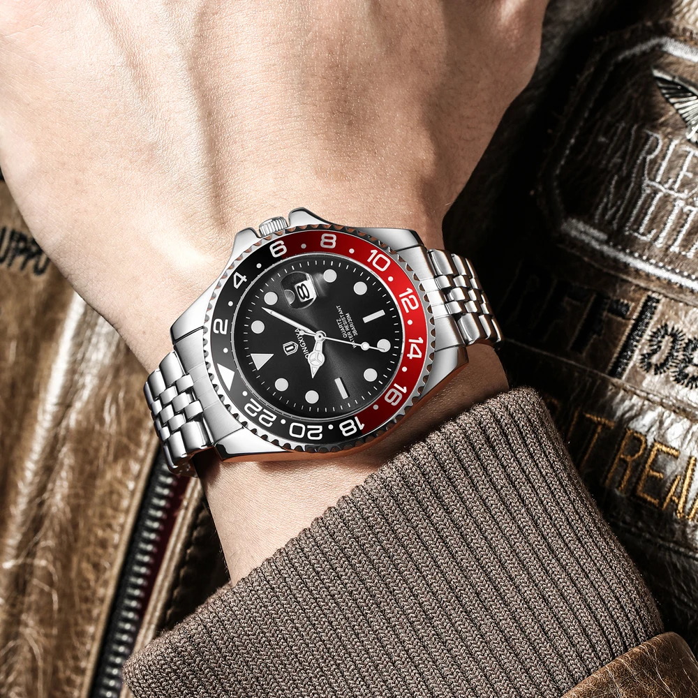 QINGXIYA Brand New Fashion Date Quartz Watch Men Stainless Steel Waterproof Luminous Bezel Rotation Luxury Men Watches Relogio