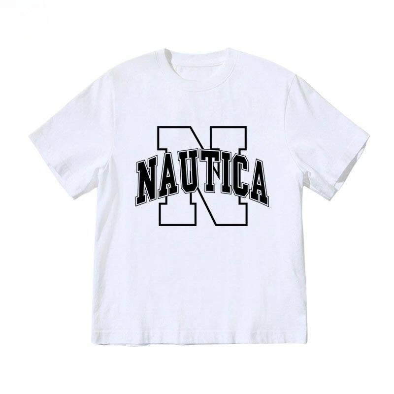 Camiseta Oversized de Algodão com Estampa Náutica Estilo Varsity Vintage Manga Curta Moda Streetwear 2026