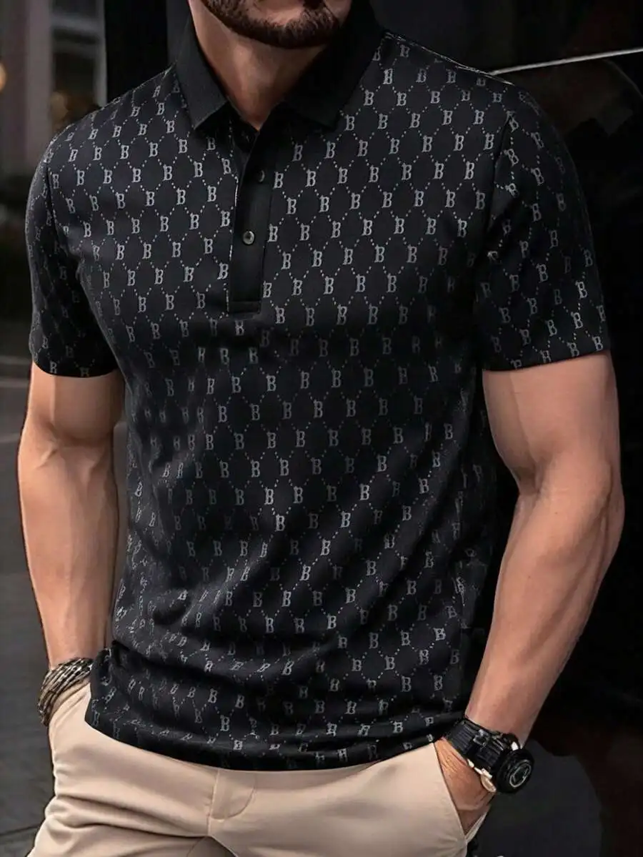 

Men's Black Short Sleeve Polo Shirt with Geometric Letter Print, Breathable Ice Silk Fabric