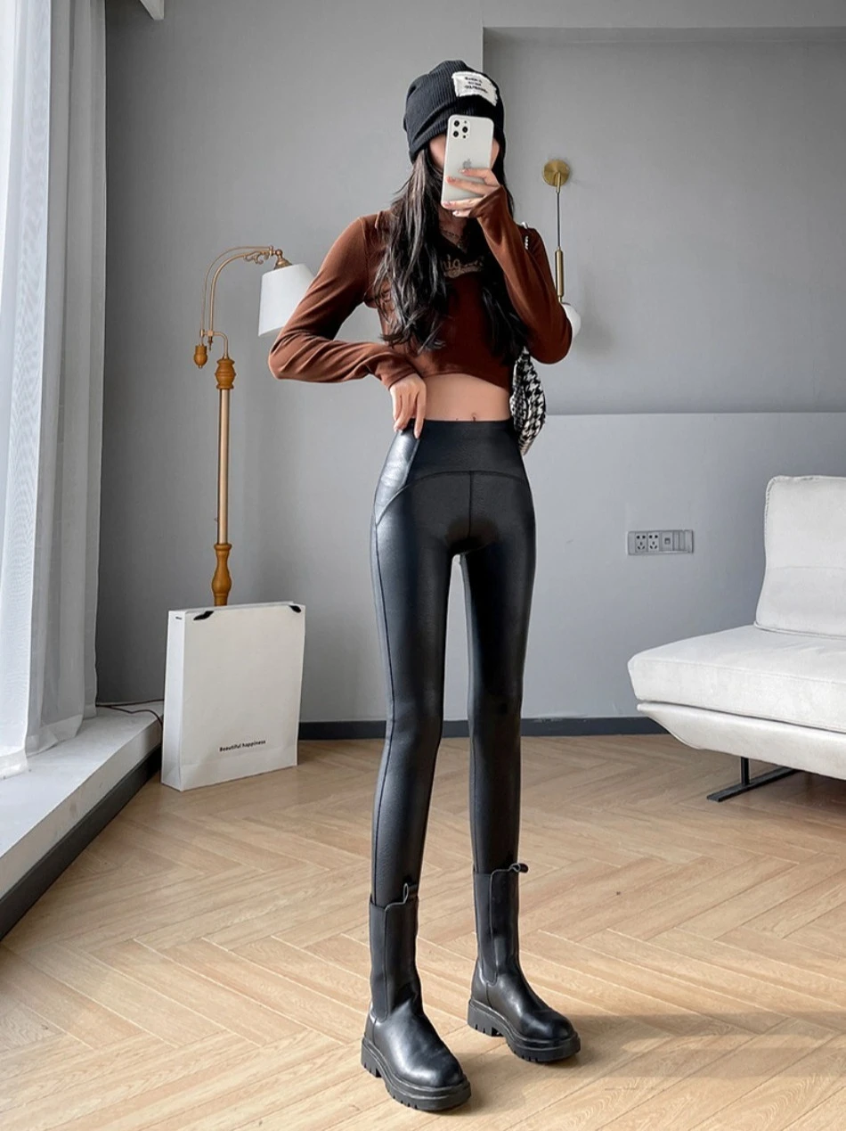 Herbst Winter Damen High Waist Tights Stretch Weiche Dünne Fleece Leggings Sexy Schlankmachende PU-Lederhosen Modische Damenkleidung – Detail 15