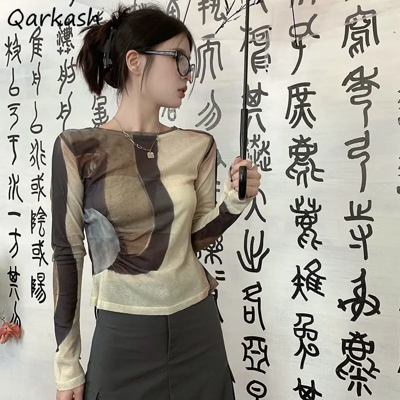 

Tie Dye T-shirts Women Hot Crop Tops Slim Long Sleeve Y2k Clothes Streetwear Personal European Fashion Design Harajuku Футболка