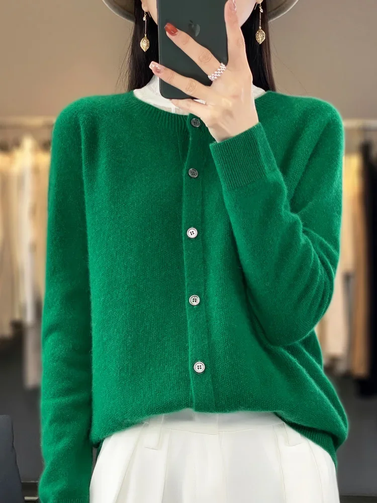 2024 Long Sleeve Cardigan New Fashion Women Sweater 100% Merino Wool Tops Jerseys O-Neck Knitwears Spring Autumn Women Clothing