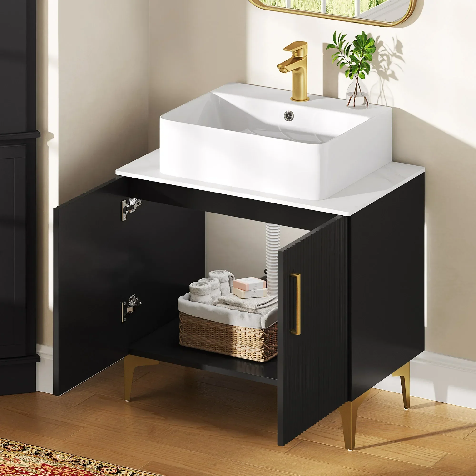 Bathroom Vanity with Countertop Sink Combo 30 Inch, Modern Bathroom Storage Cabinet with Drain & Door ,Black and Gold Free 30-da